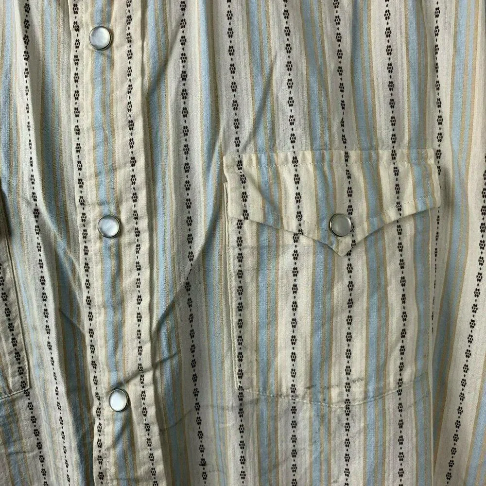 Tommy Hilfiger Western Shirt L Cream Blue Stripe Pearl Snap Pockets One Point